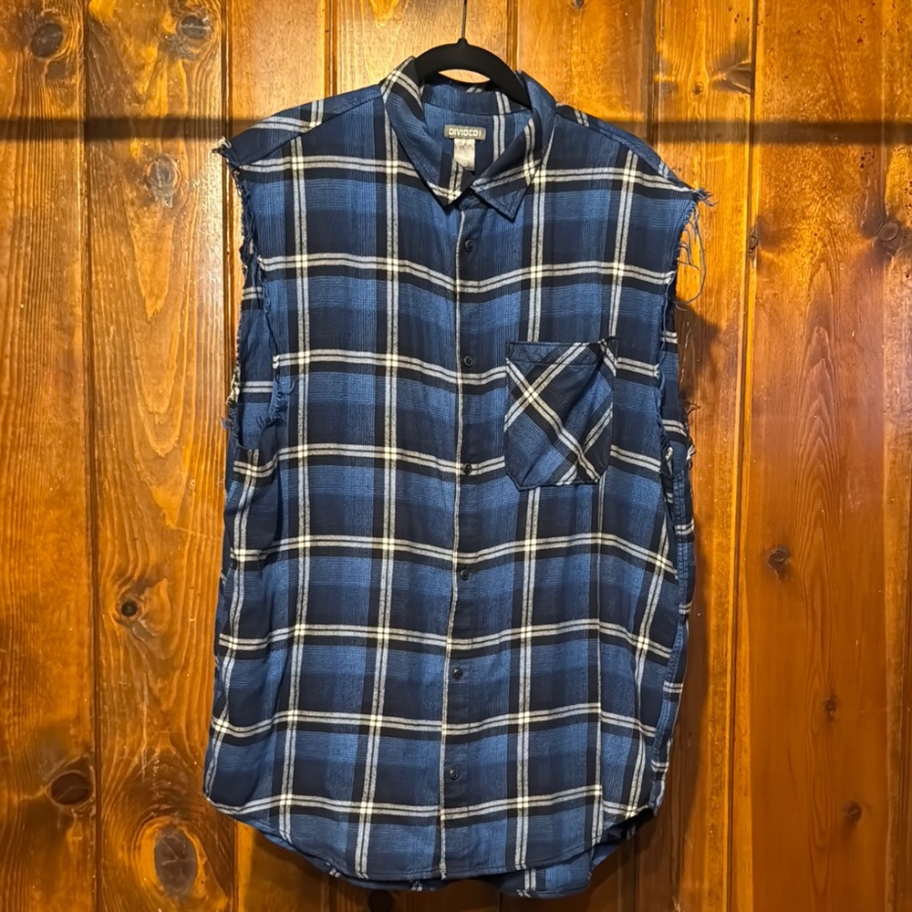 H&M Blue Plaid Sleeveless Button Down Shirt